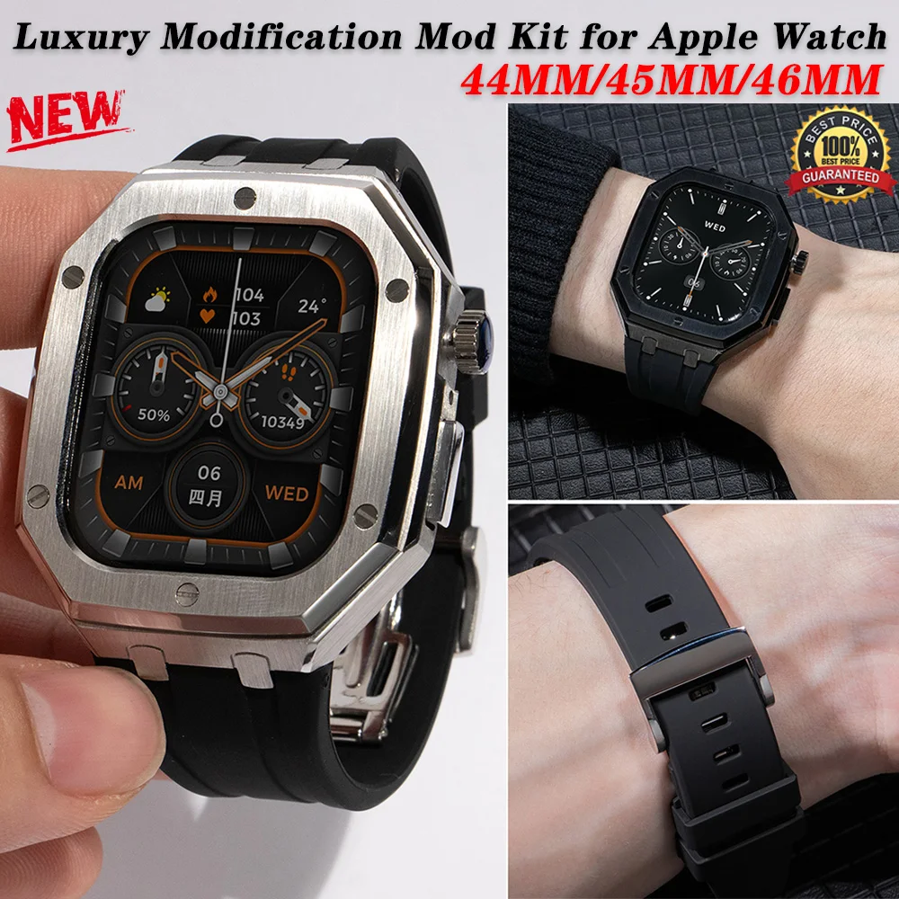 Luxury Modification Kit for Apple Watch S10 S11 Case Strap 46mm Fluororubber Band Metal Bezel Frame iwatch Series 8 9 5 45 44mm