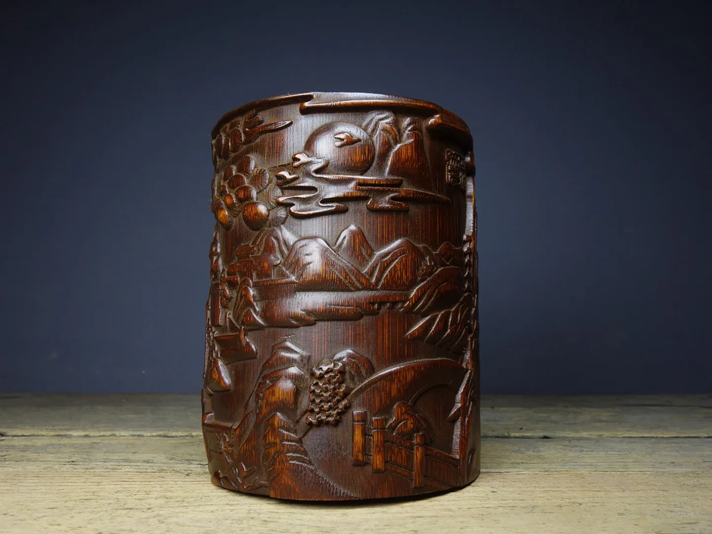 Classical bamboo carving precision carving rich mountain pen holder office desktop decoration ornaments