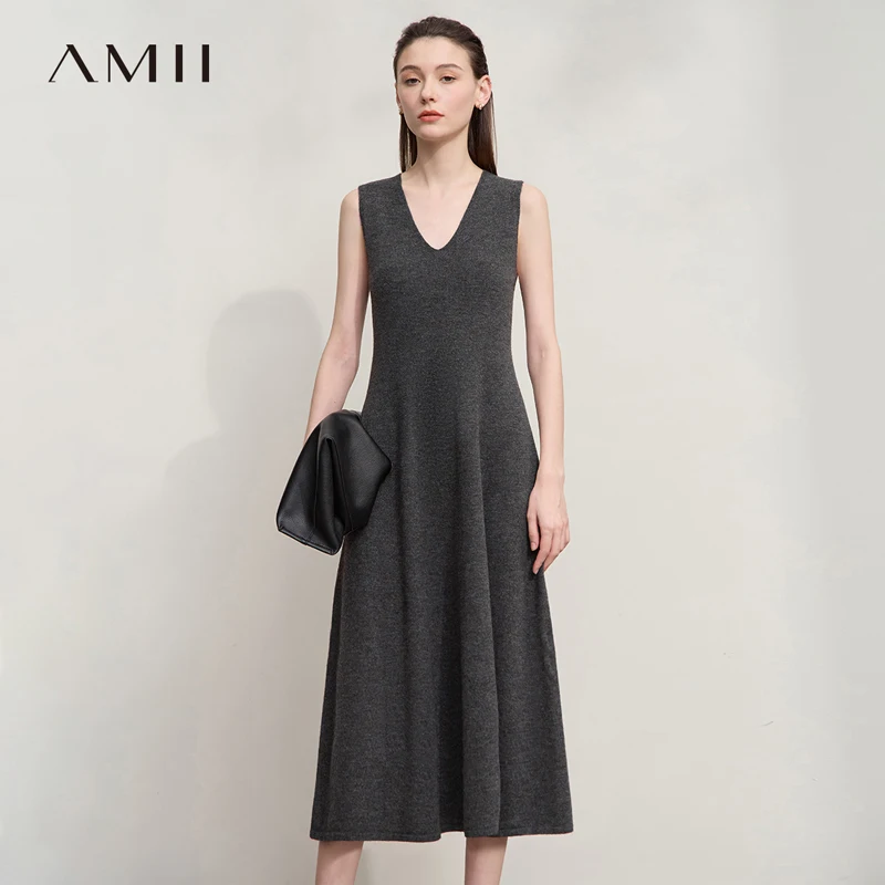 

AMII Womens Dresses 2025 Autumn New Casual Elegant Ladies Clothing V-neck Sleeveless Knitted A-shaped Dresses For Woman 12543159