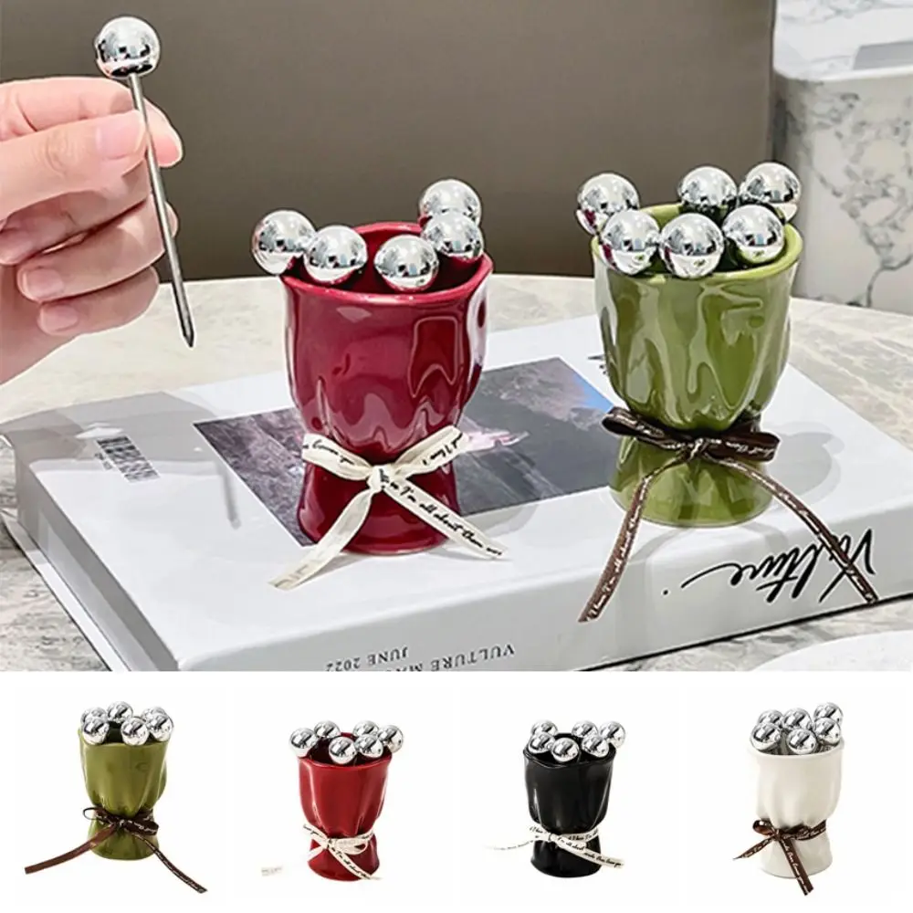 Creative Fruit Forks Set INS Round Head Dessert Forks with Storage Jar Household Ceramic Jar Fruit Receipt Jar for Tasting Salad