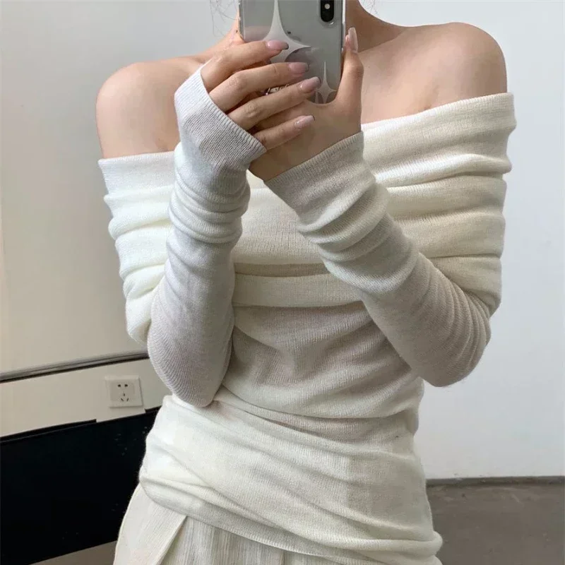 Deeptown Off Shoulder Knitted Sweater Women Elegant Female Korean Style Jumper Harajuku Fashion Gyaru Sexy Pullover Aesthetic