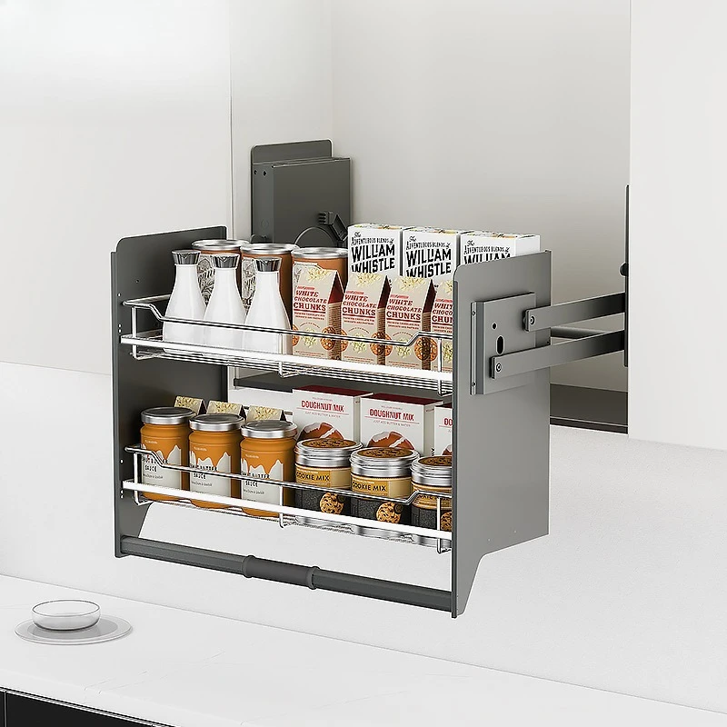 Kitchen Hanging Cabinet Lifting Basket Double Layer Seasoning Shelf Cabinet Pull-down Buffer Pull Basket Lift Seasoning Basket