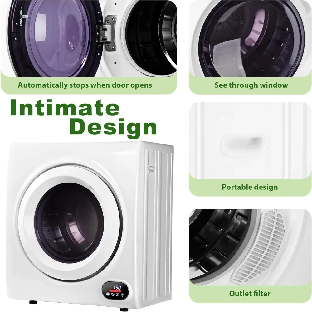 Compact Laundry Dryer, 2.65 cu ft Front Load Stainless Steel Clothes Dryers with Exhaust Pipe, 1400W, LCD Panel Four-Function