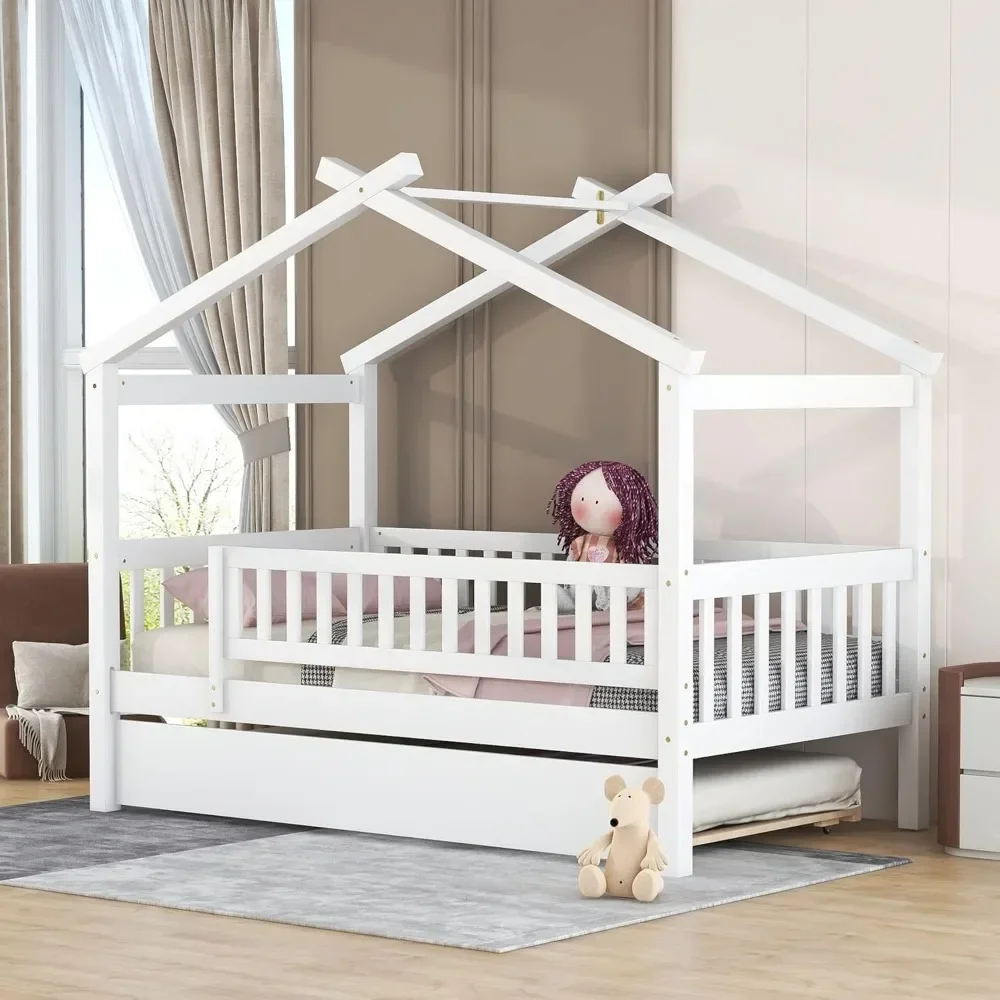 Twin Size Wooden House Bed with Twin Size Trundle for Kids, Wood Platform Bed Frame with Fence, Roof, and Safety Guardrail