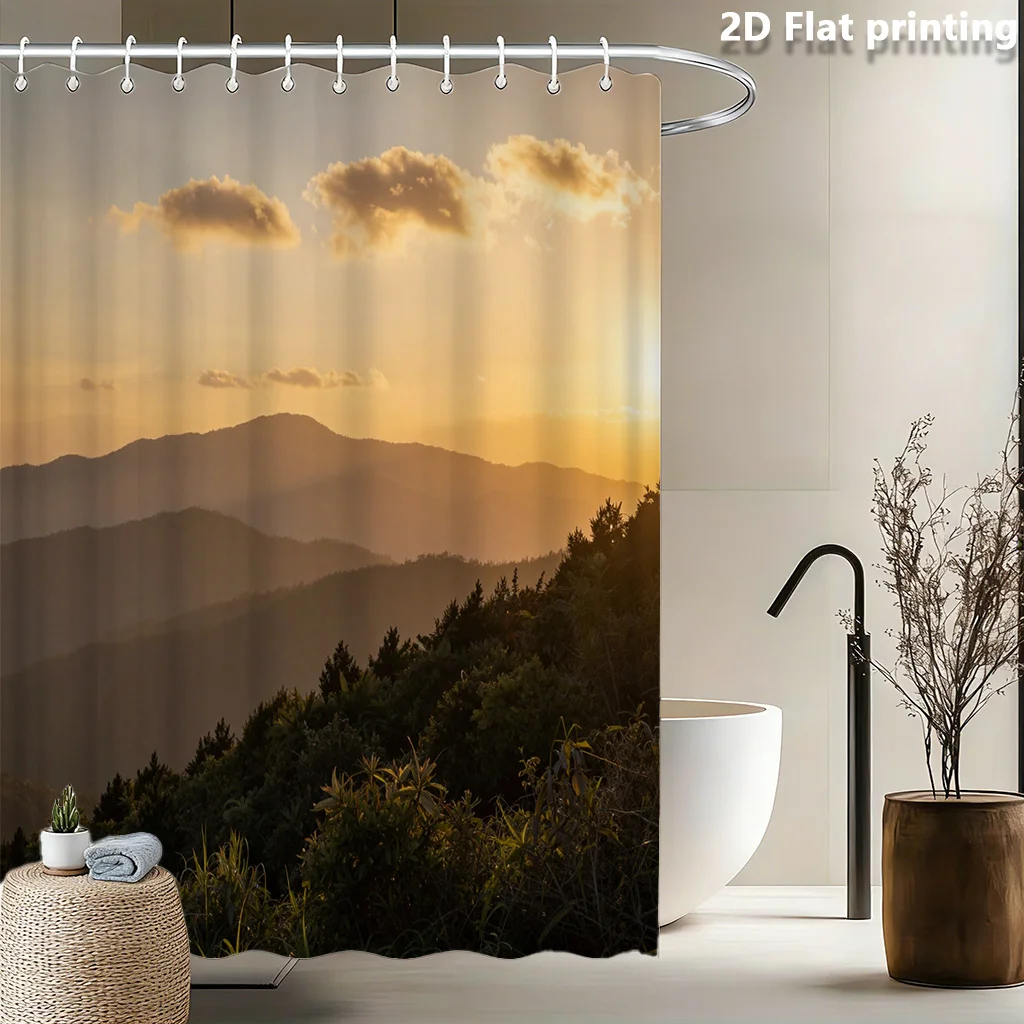 

Realistic Nature Sunset Mountain Forest Landscape Waterproof Shower Curtain Bathroom Decor Curtain Size 180x200cm
