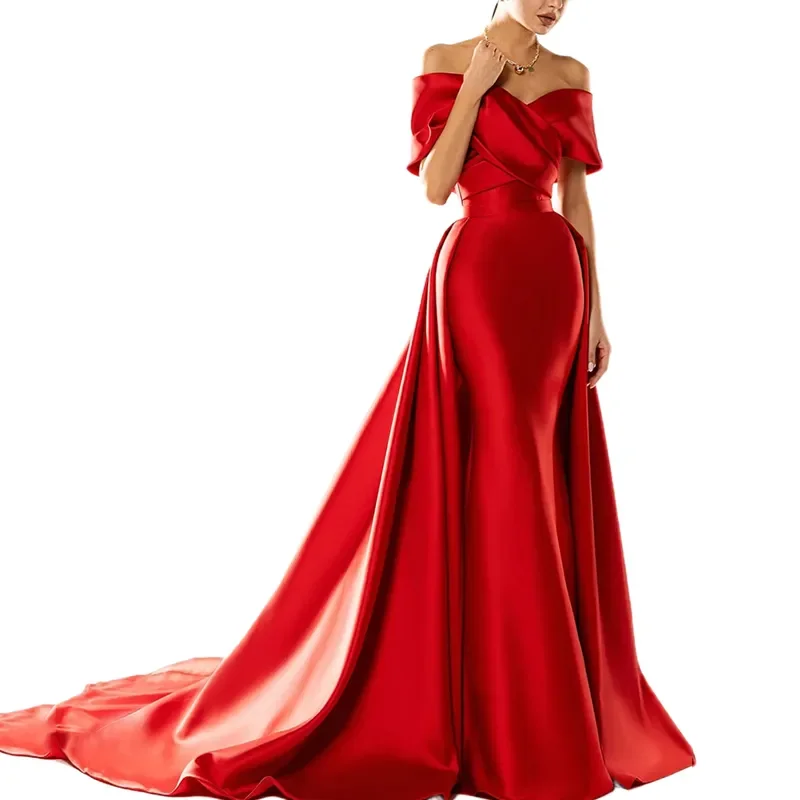 

Elegant Red Mermaid Satin Simple Prom Dress With Detachable Train V-Neck Celebrity Gowns Off Shoulder Short Sleeves Customized