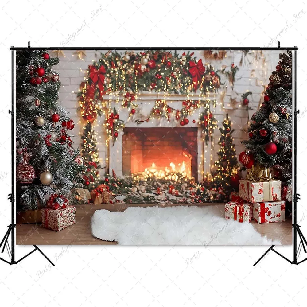 خلفية مدفأة عيد الميلاد الرجعية لاستوديو التصوير الفوتوغرافي جدار الطوب هدايا شجرة عيد الميلاد على الأرض زينة لامعة للأطفال