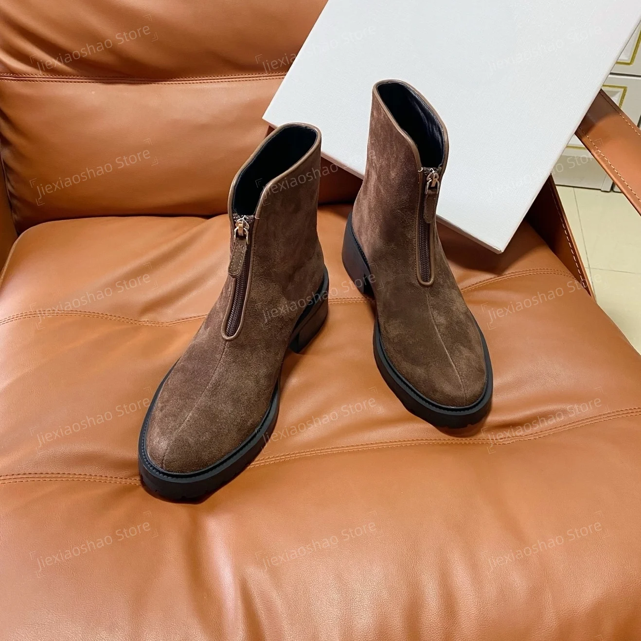 Top Quality Handmade Cow Suede Round-Toe Chunky Heel Ankle Boots Zipper Decora Chelsea Boots Short Boots Hiver Sapato Feminino