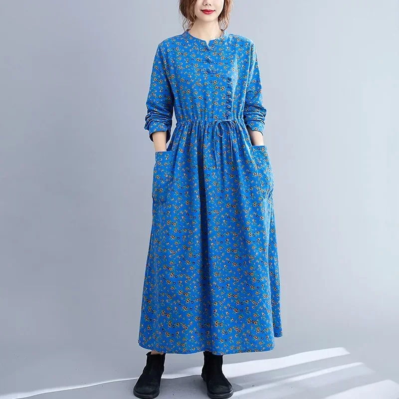 Vintage katoen linnen etnische jurk vrouwen 2024 herfst baggy gewaad womens bloemenprint oversized maxi lange jurken vrouwelijke MN7