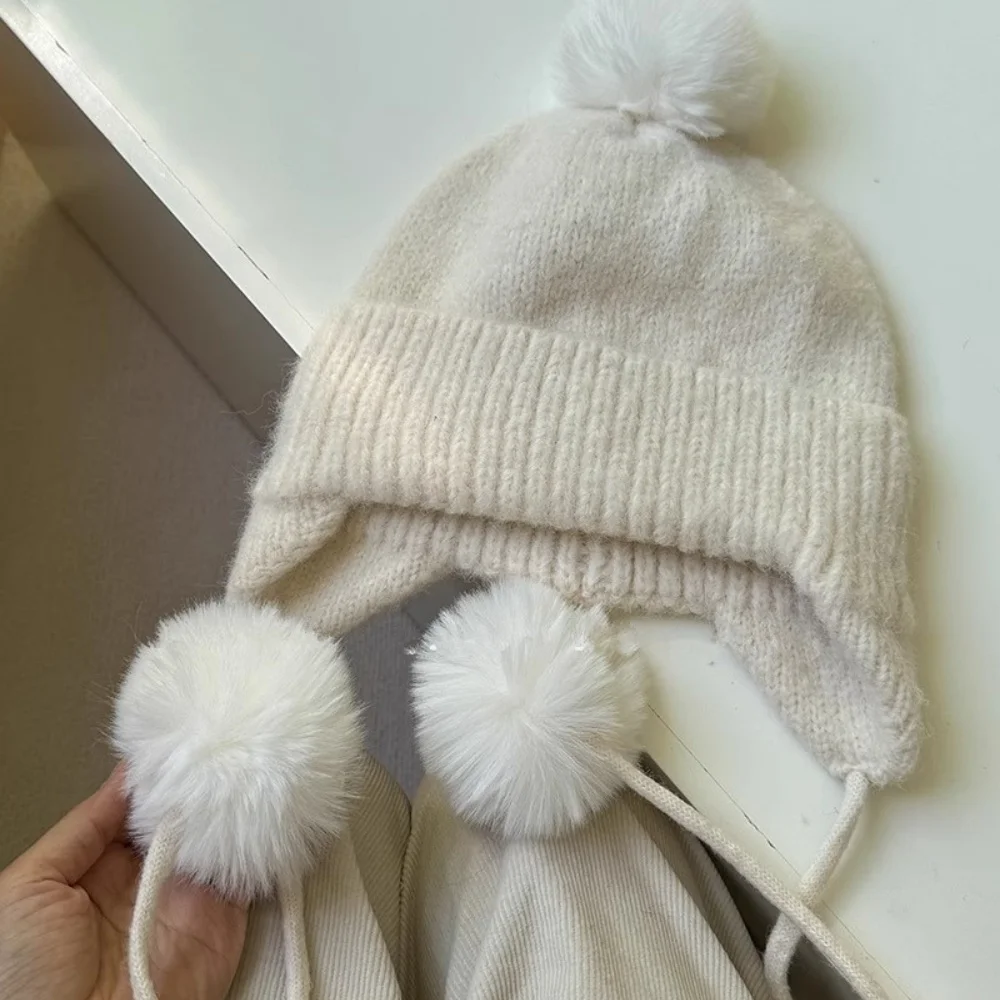 Корейский стиль, шерстяная шапка-бини, вязаная шапка-бомбер с ушками, утолщенная теплая вязаная защита ушей, декоративные аксессуары