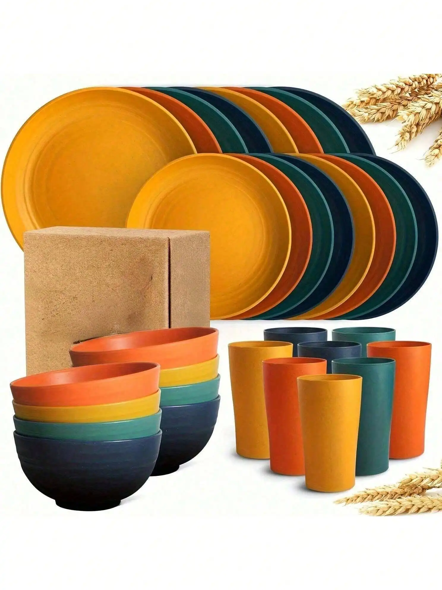 Juego de Vajilla de Paja de Trigo para Cocina de 16 Piezas, para 4 Personas, Platos de Cena, Plato de Postre, Tazones para Cereales, Tazas, Platos de Plástico Irrompible para Campamento al Aire Libre