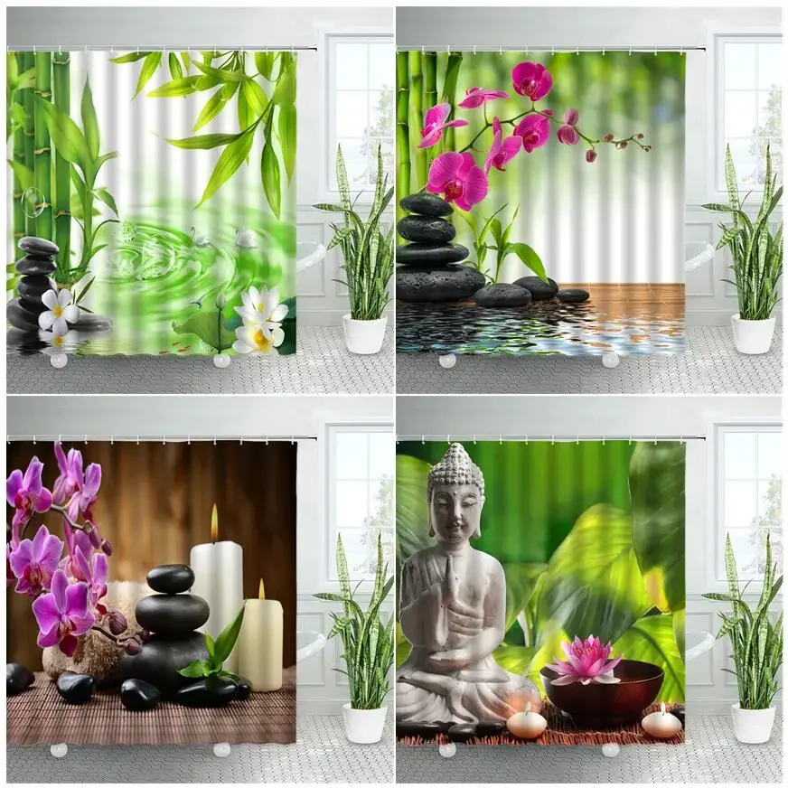 3D Black Stone Green Bamboo Zen Shower Curtain Set Purple Orchid Buddha Natural Landscape Bathroom Decor Polyester Bath Curtains