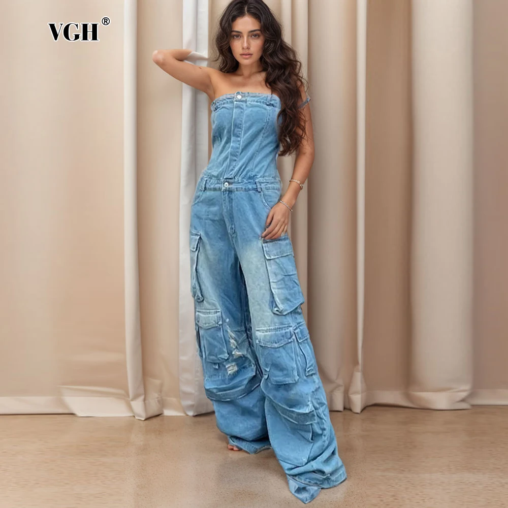 

VGH Streetwear Cargo Jumpsuits For Women Strapless High Wiast Spliced Single Breasted Casual Loose Wide Leg Jumpsuit Female New