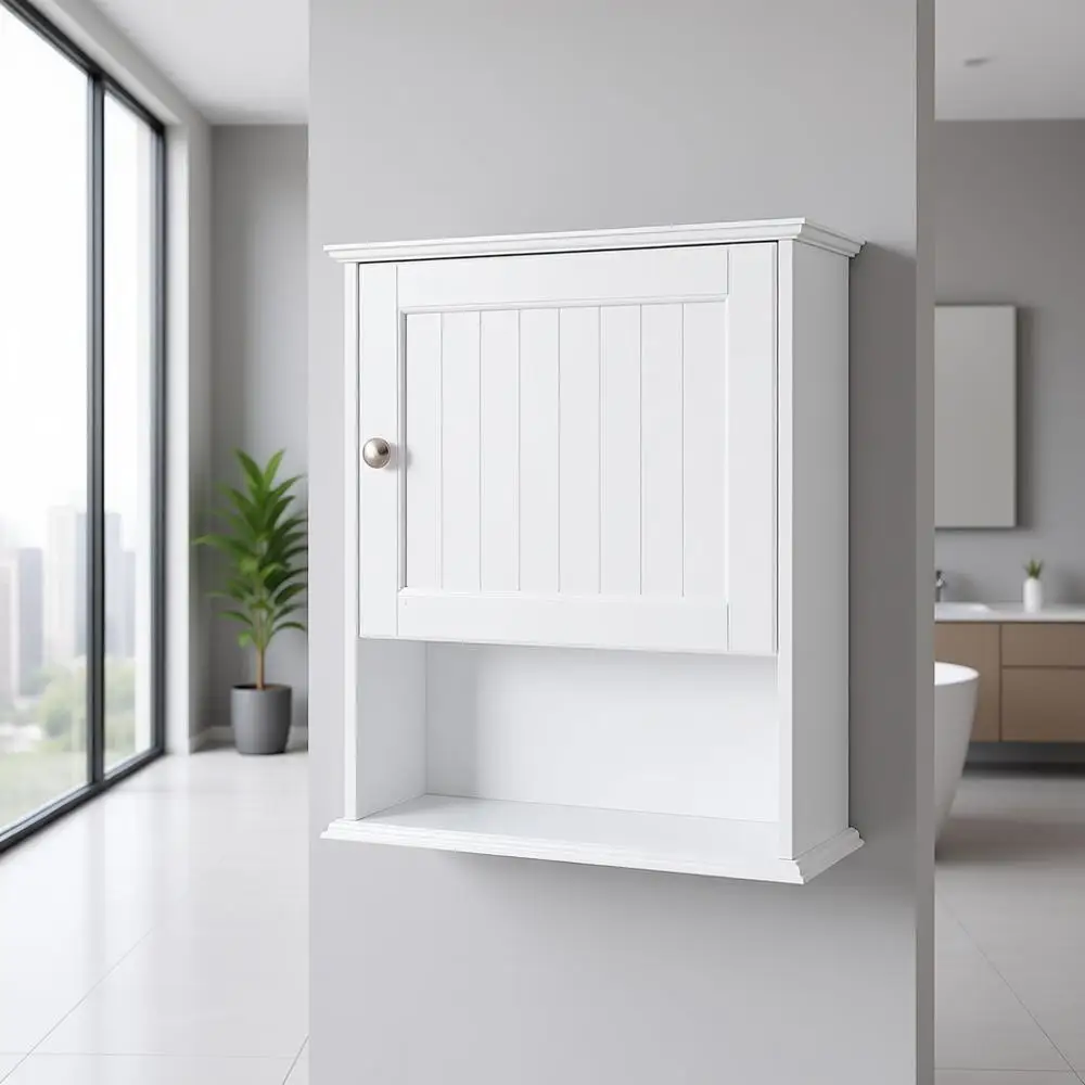 

Настенный деревянный шкаф с одной дверцей и регулируемыми полками, белый