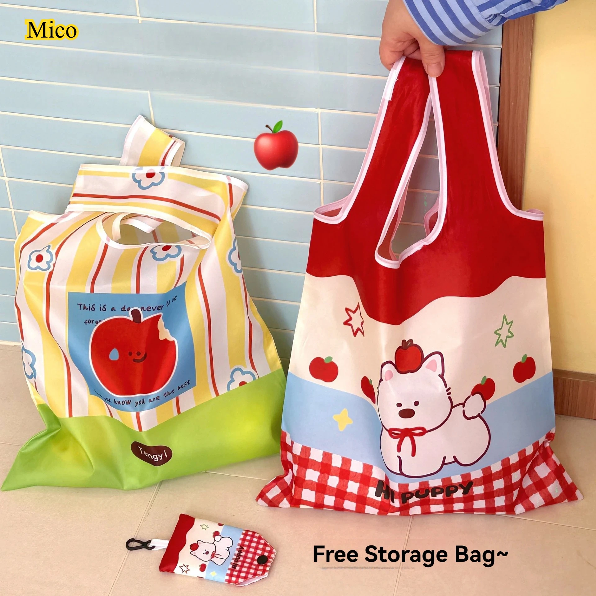

Original cute cartoon portable folding storage bag, waterproof tote bag, supermarket grocery shopping eco-friendly bag