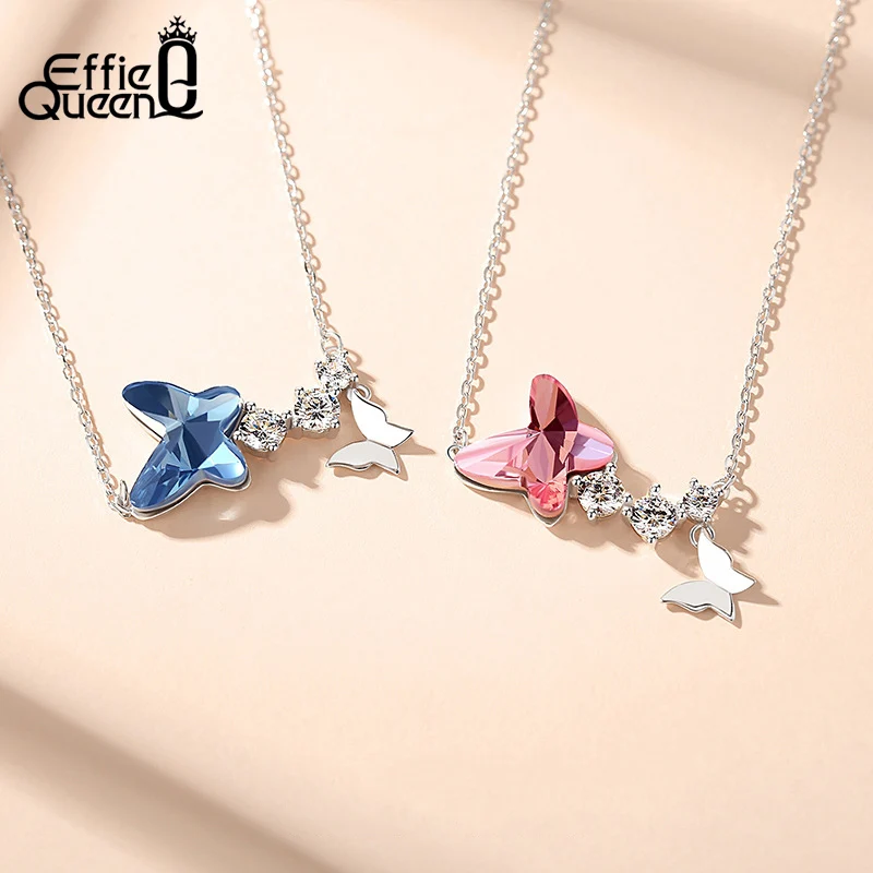 EFFIE QUEEN Butterfly Pendant Necklace 925 Sterling Silver Blue & Pink Sparkling Crystal With AAAA Cubic Zirconia Present SWN06