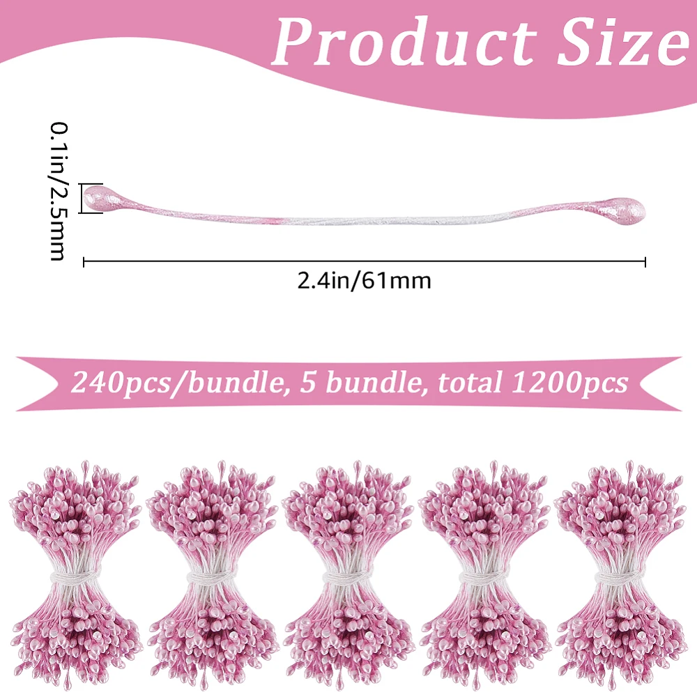 1200Pcs 0.12 inch Artificial Flower Stamens Plastic Pearl Pink Double Head Floral Pollens Stamens Small Flower Stems Core