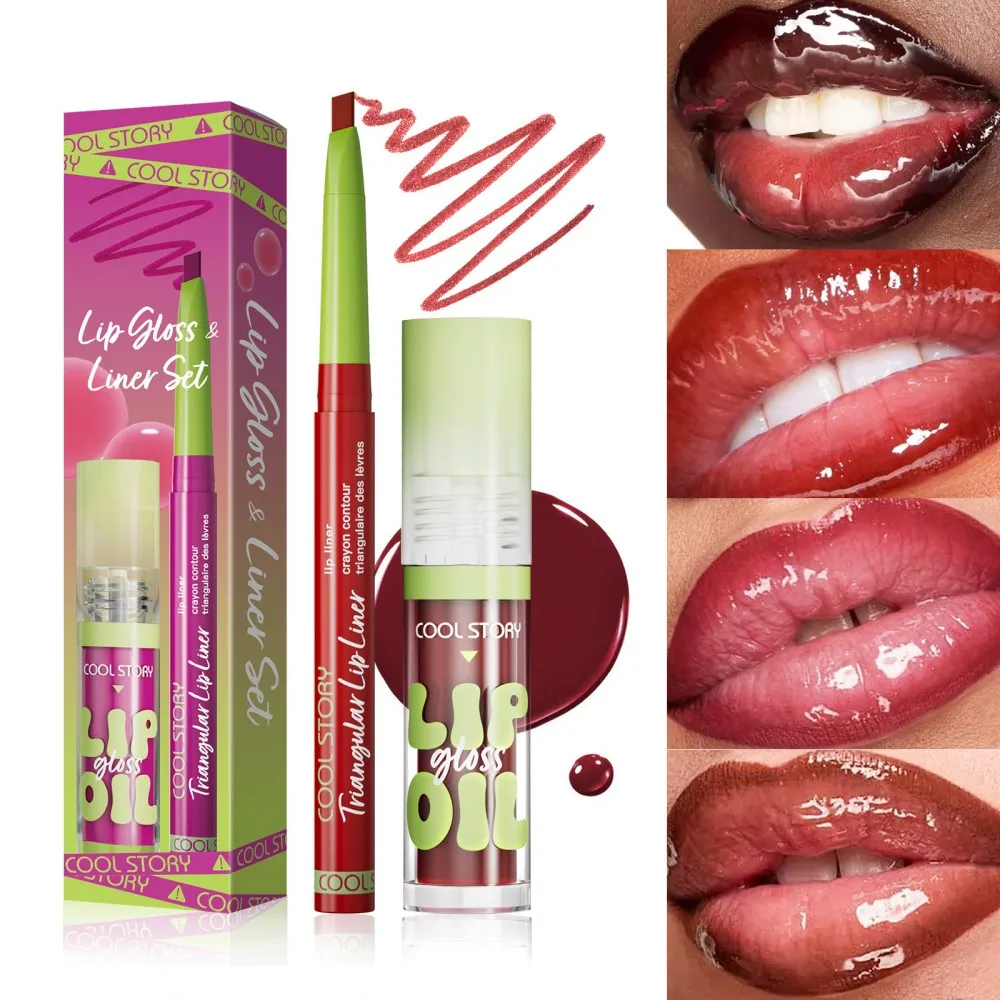 3個入りリップライナー＆グロスセット、2 in 1リップスティック、デュアルエンドでスムーズな重ね塗り可能なリップグロス、女性用リップコンボメイク