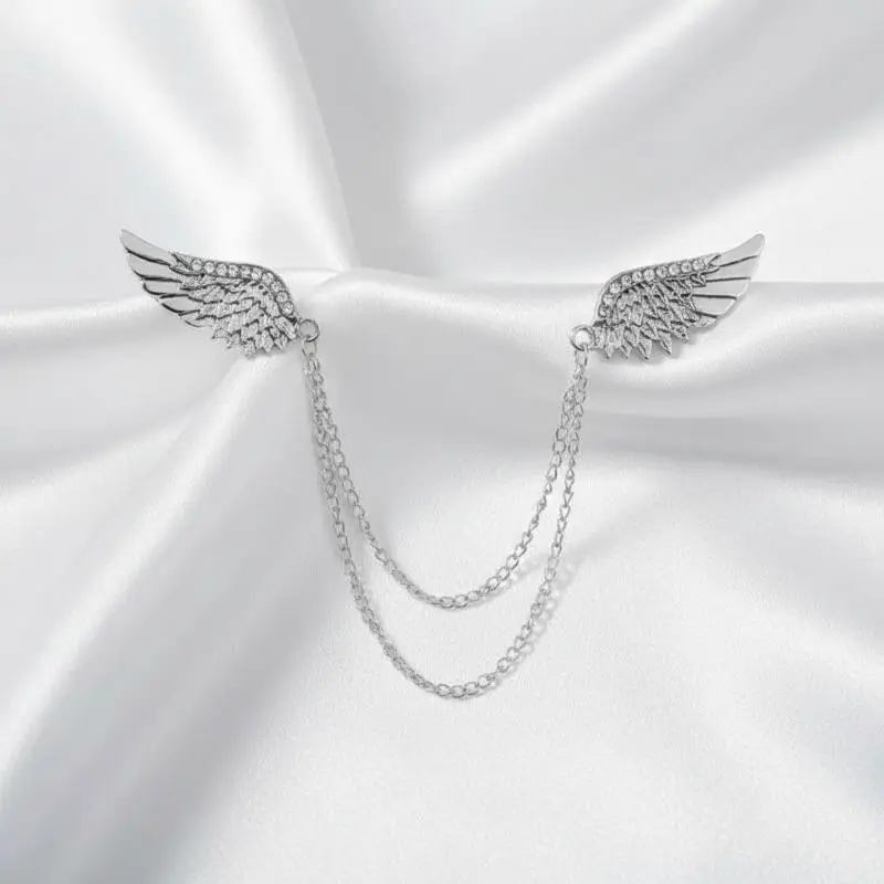 Modische Kristall-Engelsflügel-Brosche mit Metallquasten und Kette, Anstecknadel für Herrenanzüge und Hemden, Geschenk für Damen, Accessoire – Detail 4