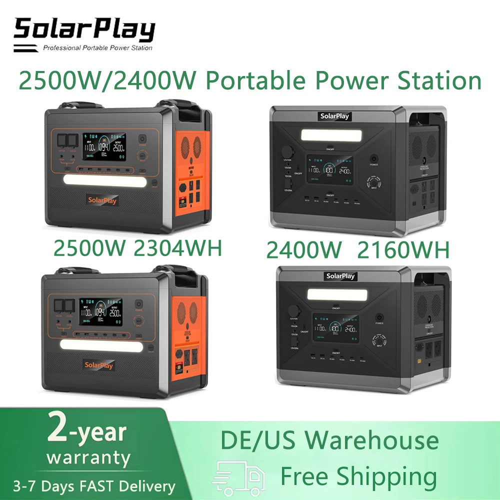 SolarPlay Q2402M Q2501Pure Sine Wave Portable Power Station 2500W 2400W LiFePO4 Portable Generator Fully Charged In 1.5 Hours