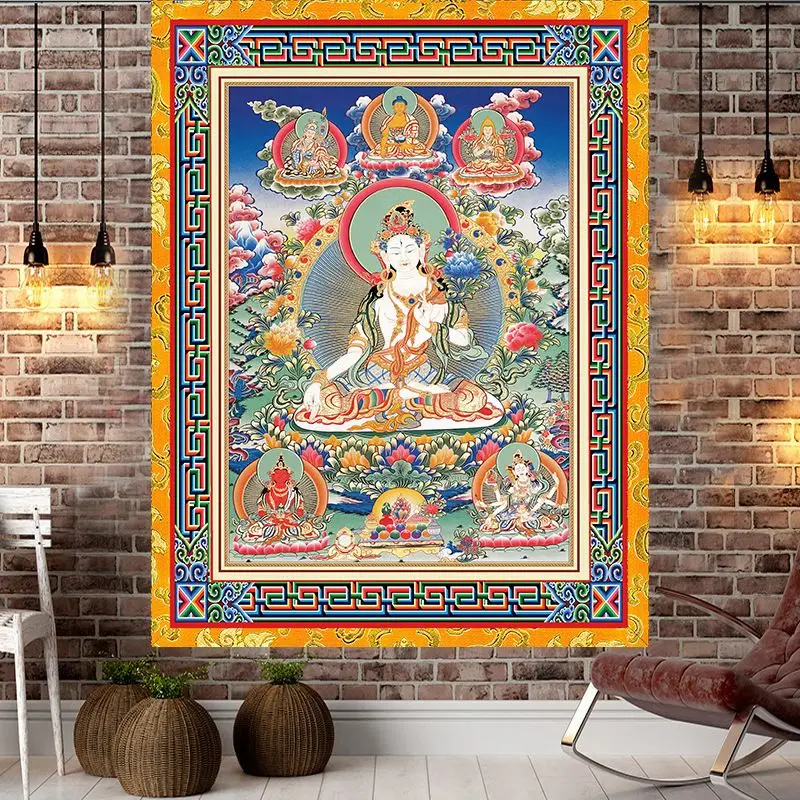 VIKAMA Tibetan Buddhist Thangka Wall Tapestry Orange Border Deity Mandala Lotus Monk Meditation Religious Spiritual Art Decor