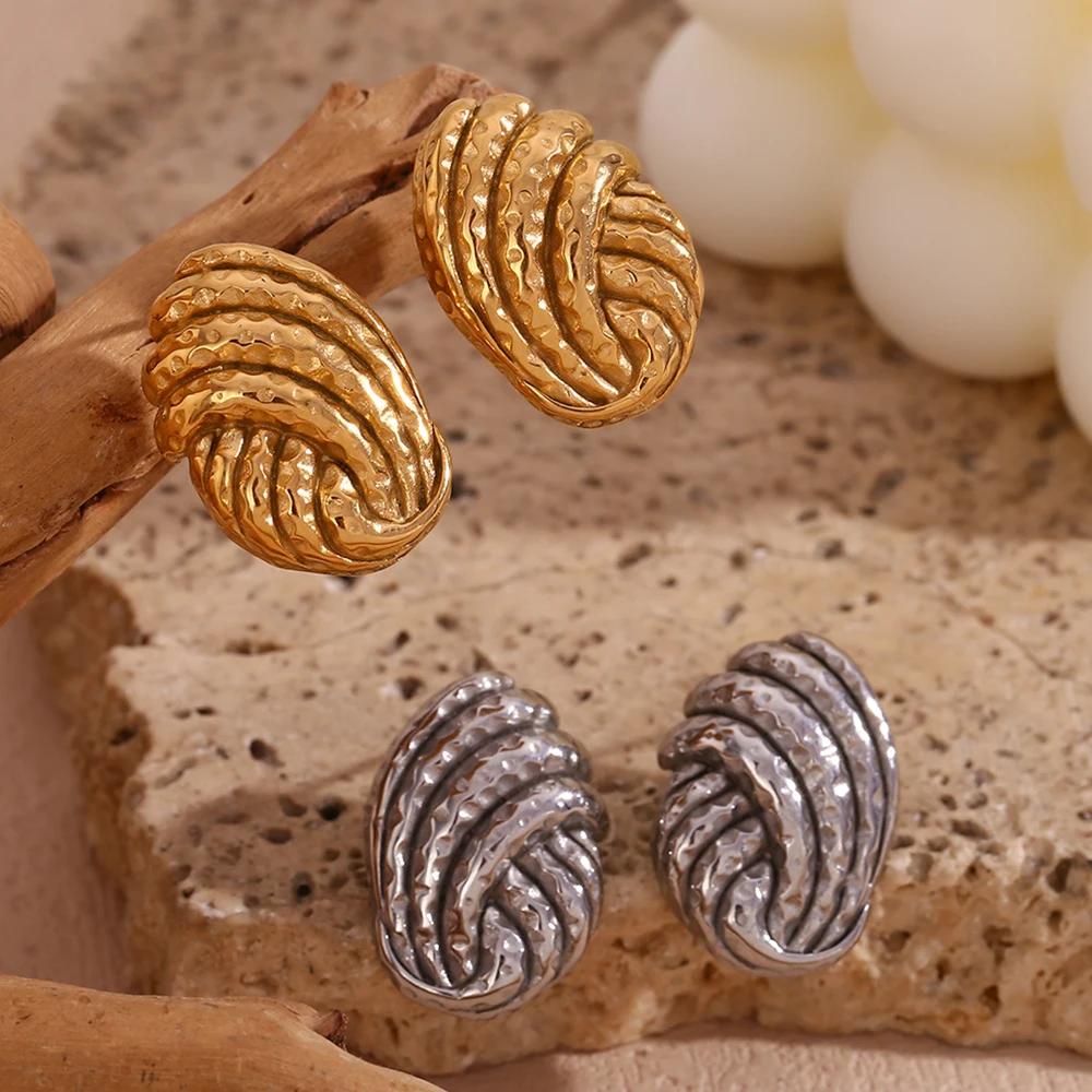 E.B.belle Beat Bread Pattern Button Stud Earrings Water Proof Stainless Steel Jewelry 18K Gold Plated Earrings for Women