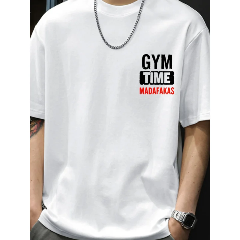 

Men's T-Shirt White Gym Time MadaFakas Printed Pattern & Text High Quality Cotton 180g