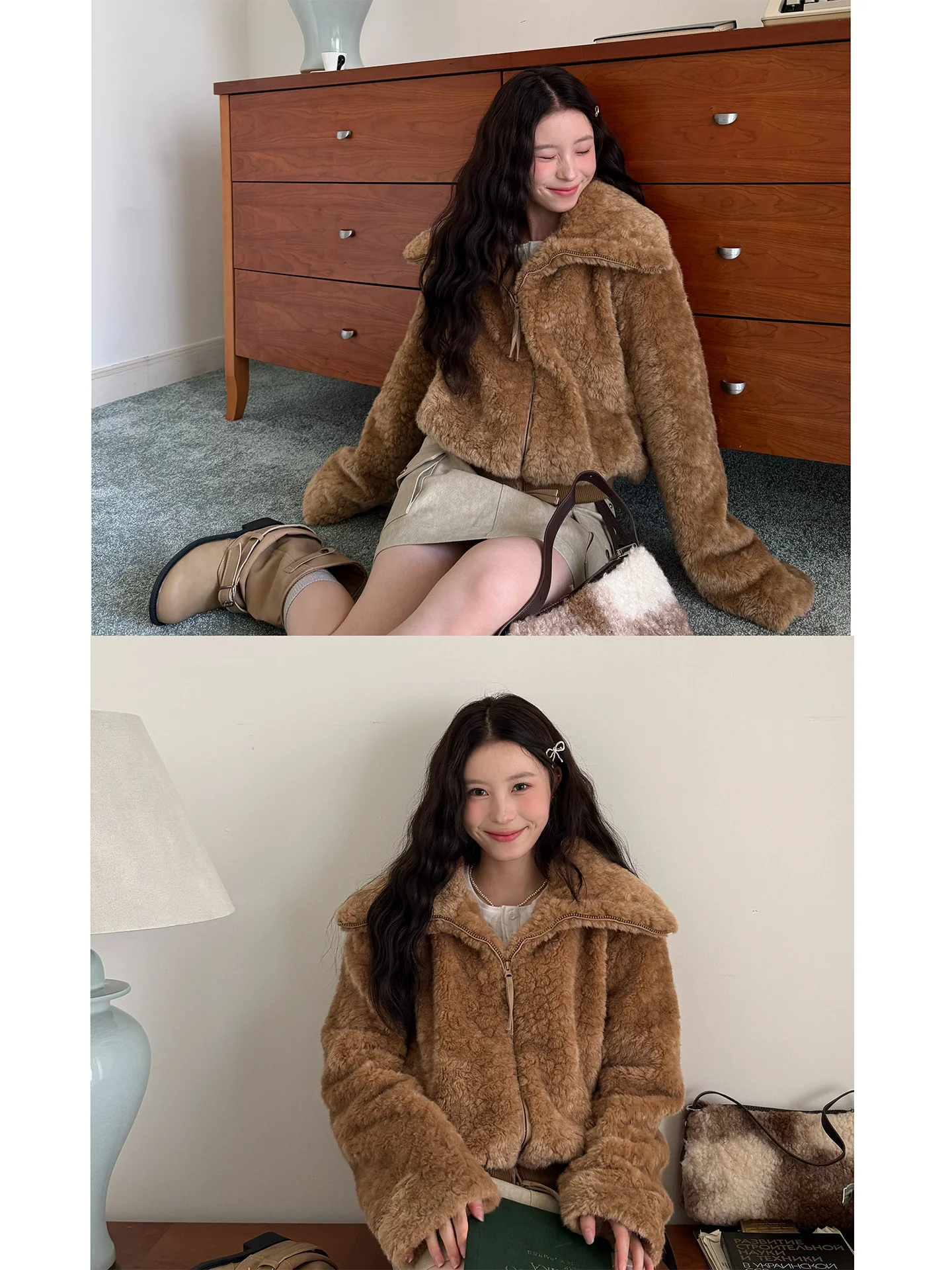 

FAN Brown Bear Faux Fur Plu Coat Women's Autumn Winter New Sle Stand Collar Warm Outerwear Versatile Long Sve Zipper