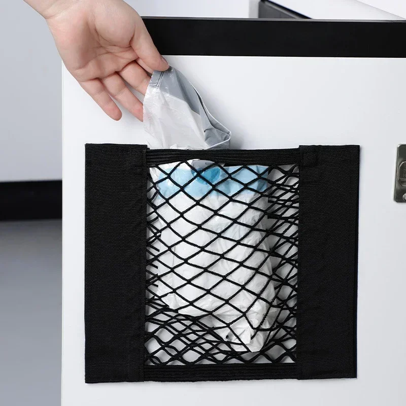 Stick-on Storage Net for Garbage Bag ,Kitchen Cabinet Door Storage Pocket, Plastic Bag Organiser, Car Storage Mesh Pocket