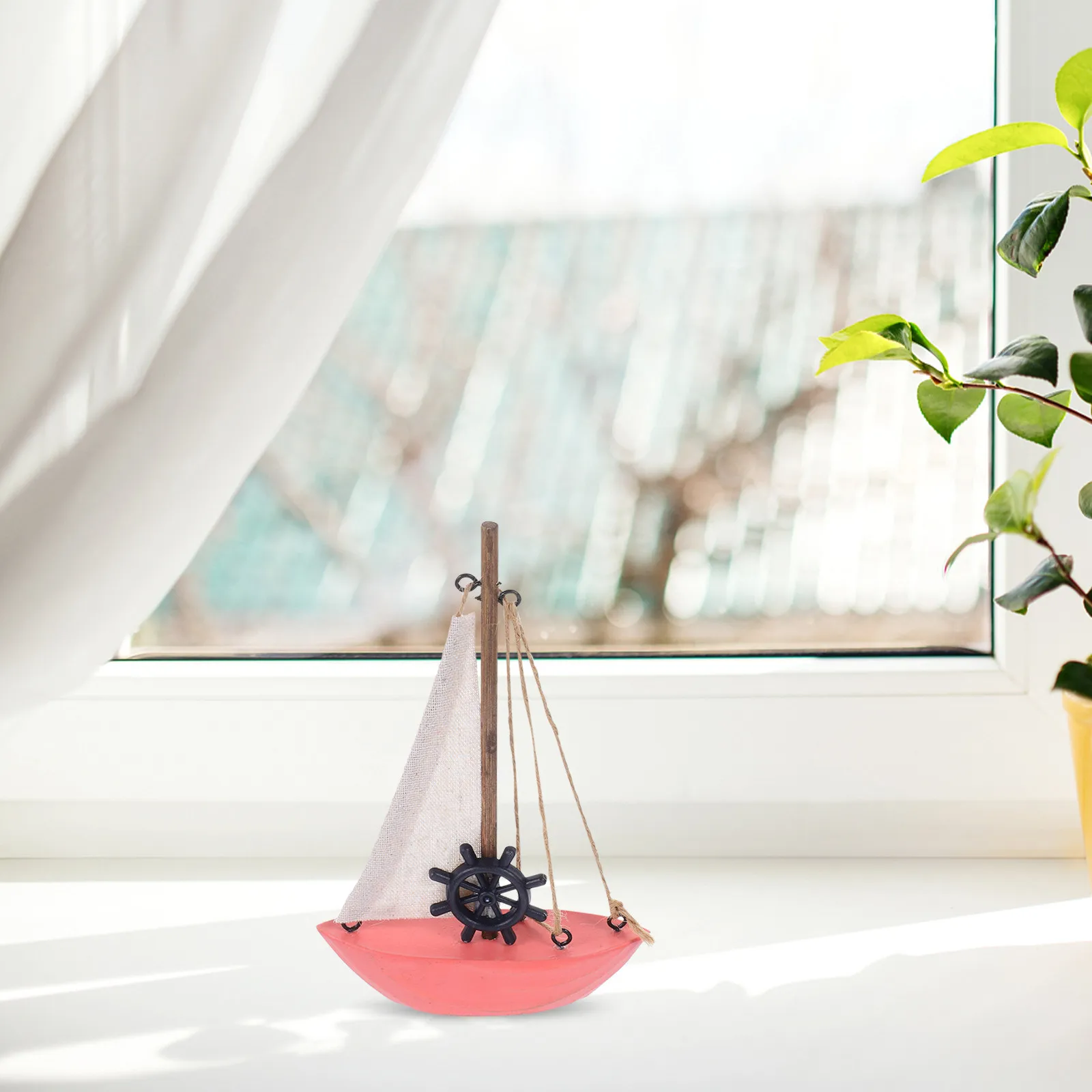 Vintage Mediterranean Wooden Sailboat Decoration Mini Sailing Boat Statue for Living Room Bedroom Office Coastal Beach Themed