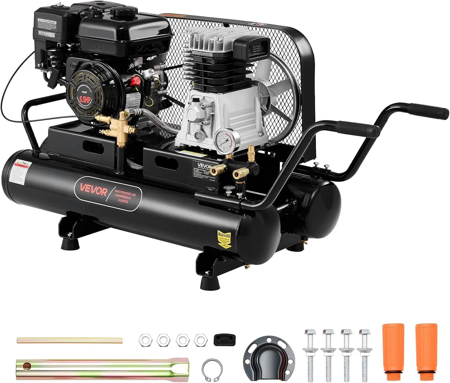 9 Gallon Twin-Tank Gas Powered Air Compressor, 6.5HP 9CFM Gas Driven Air Compressor Tank on Wheels, Max 115PSI Piston Pump Air-C