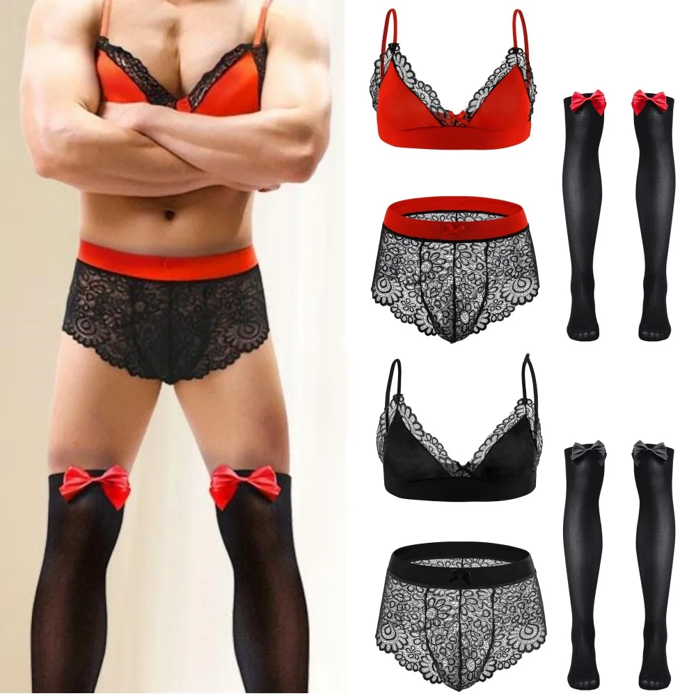 

Sissy Lingerie for Men Crossdress Underwear Floral Lace Bra Bikini Panties Bowknot Stockings 3 Piece Nightwear Sleepwear Set