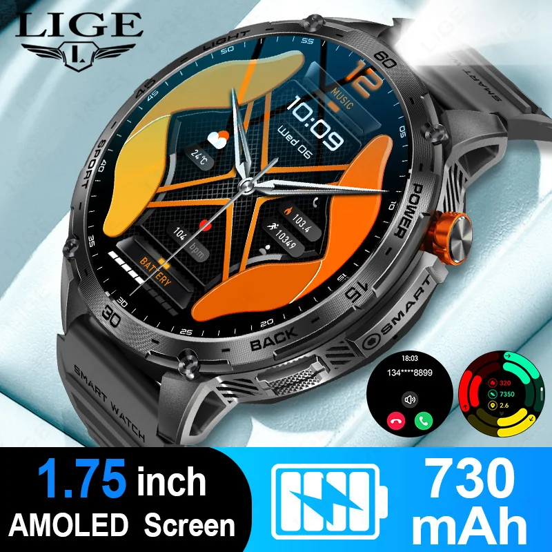 New LIGE Military Smart Watch Men 730mAh Large Battery Flashlight AMOLED HD Display 3ATM Waterproof Outdoor Sports Smart watch