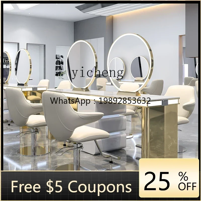 LYY   hairdresser mirror table marble barber shop mirror single and double-sided integrated type