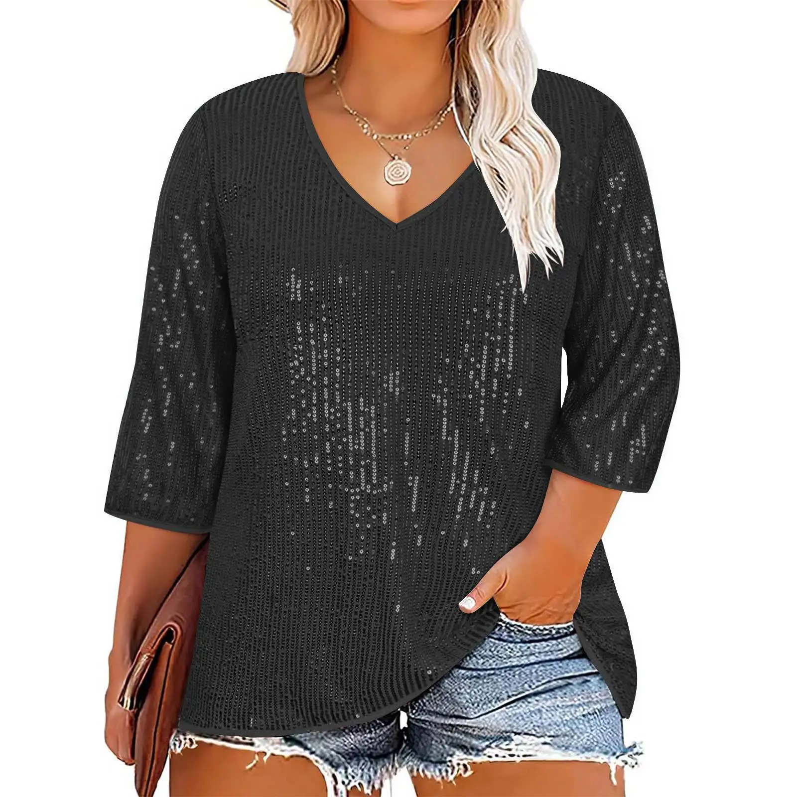 

Plus Size Sequined Loose Shirt Women Long Sleeve Crop Top Lady Fashion V Neck T-shirt 2024 Autumn Winter Street Crop Tops