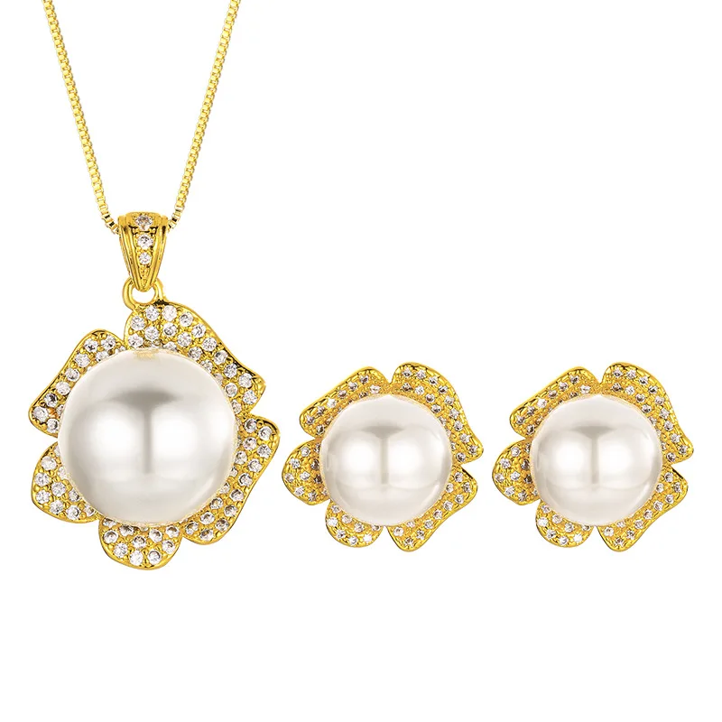 Gold Plated Flower Shaped Jewelry with White Pearl Zircon Elegant Pendant Necklace Earrings for Women Vintage Party Accessories