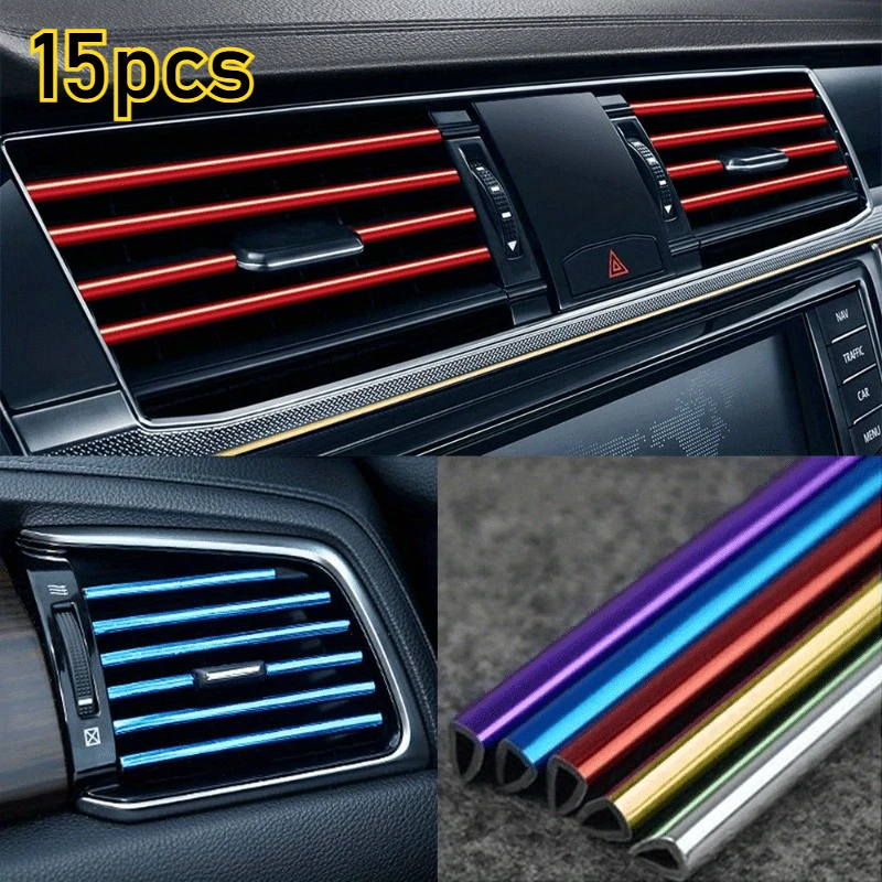 15pcs Colorful Shiny Car Trim Strips for Car Decoration Car Air Conditioner Vent Outlet Trim Strips U Shape Chrome PVC