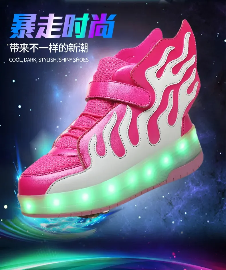 Flame two-wheel ramble shoes Charging wing light  High-top wing Light shoes Wheel shoes   نيك بنات اطفال  kids sneakers