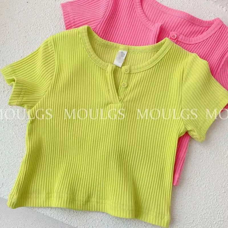 2024 Summer Girls Sweet Short Sleeve Thin Tee Candy Color