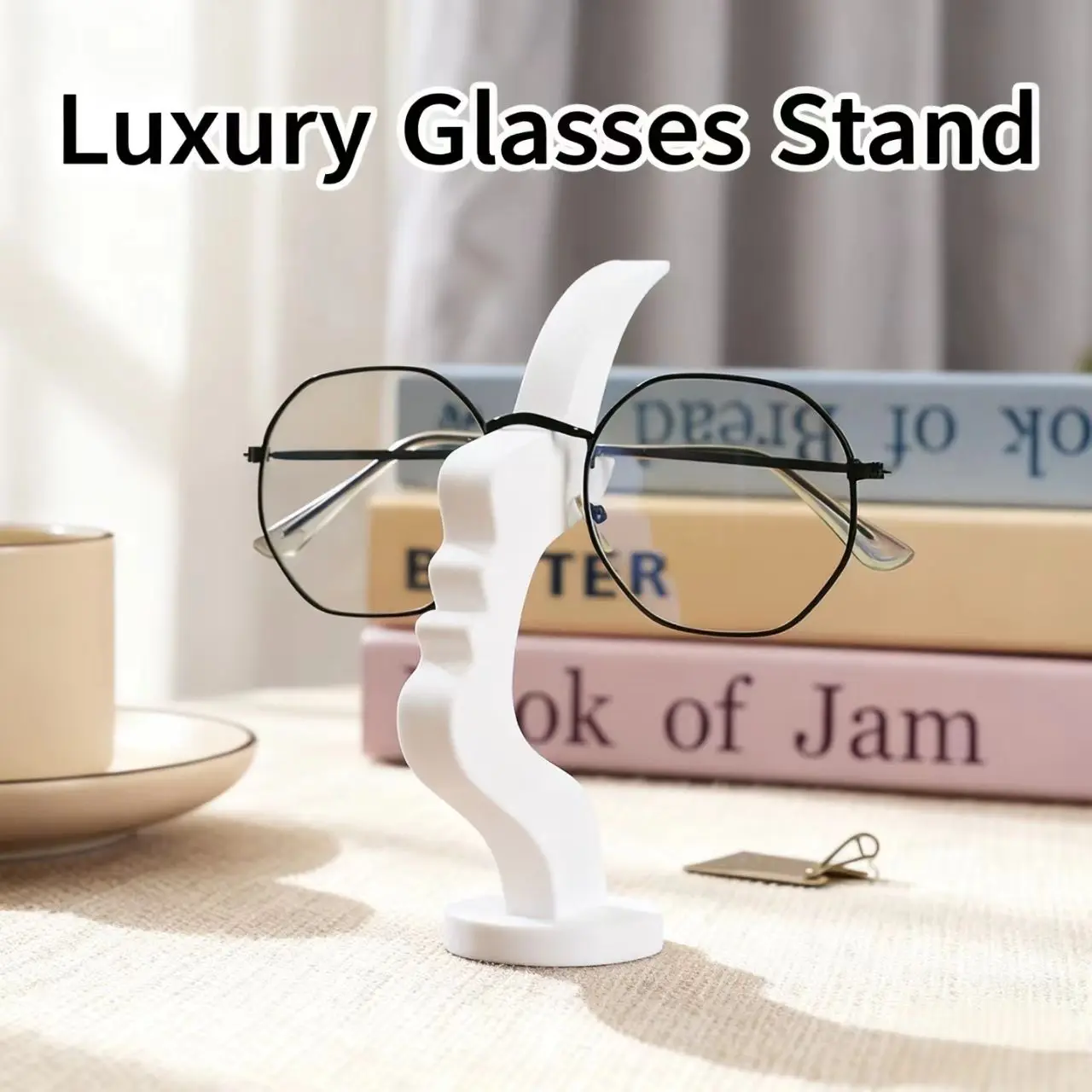 Sculpturalny stojak na okulary: elegancki kształt siluety twarzy zapewniający bezpieczeństwo okularów i stylowy, minimalistyczny profil twarzy jako podstawka pod okulary.