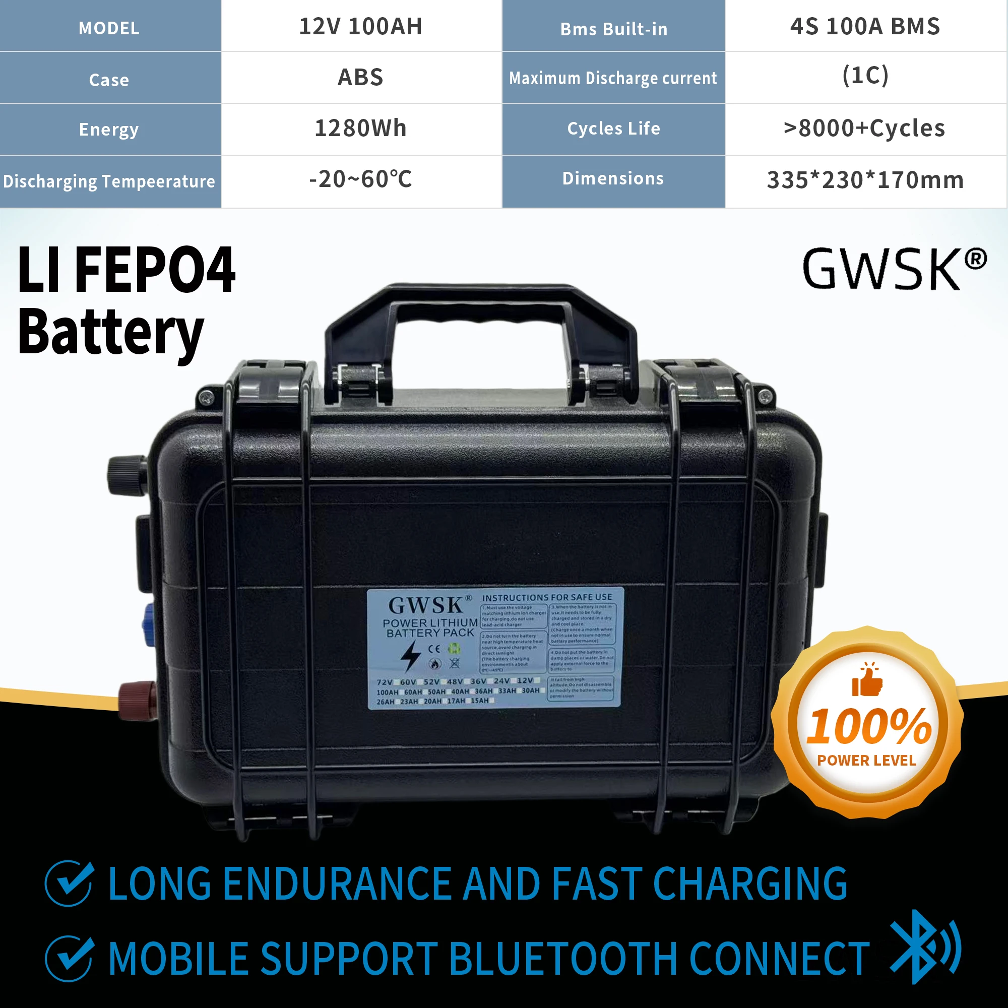 

12V100AH lithium iron phosphate battery with Bluetooth board, can be connected to Bluetooth, black style, built-in BMS100AH