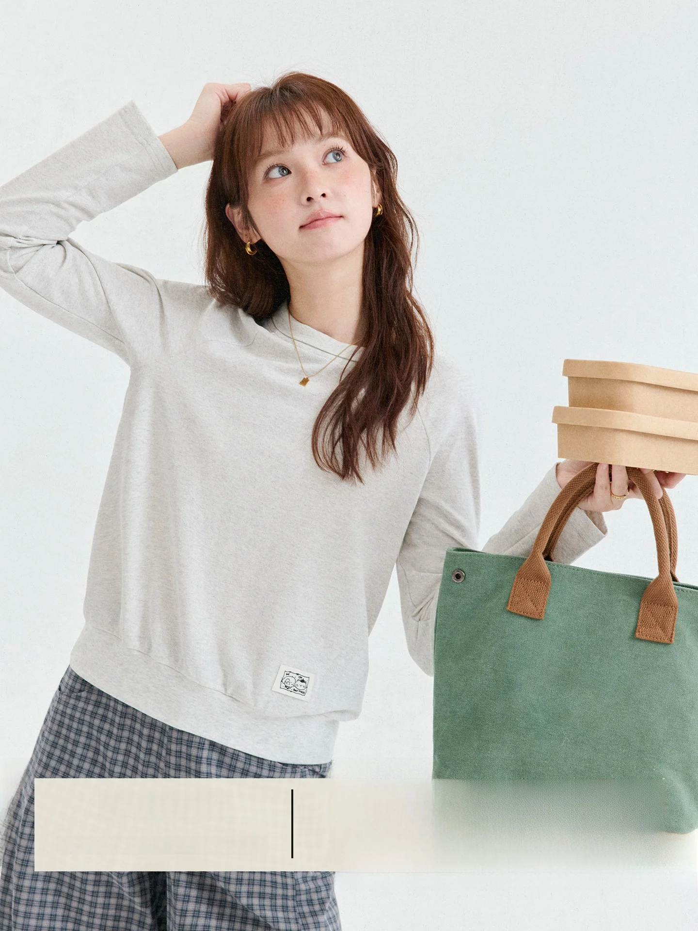 AMUU Original Loose Fit Shoulder Sleeve T-Shirt Women's Grey Flip Collar Pure Cotton Long Sleeve round Neck Top for Autumn