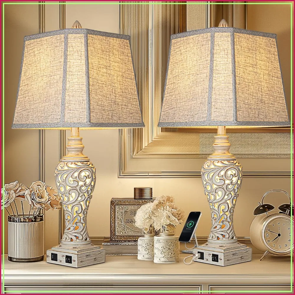 28.5" Table Lamps Set of 2 with Nightlight, USB C+A Ports, Linen Shades for Bedroom