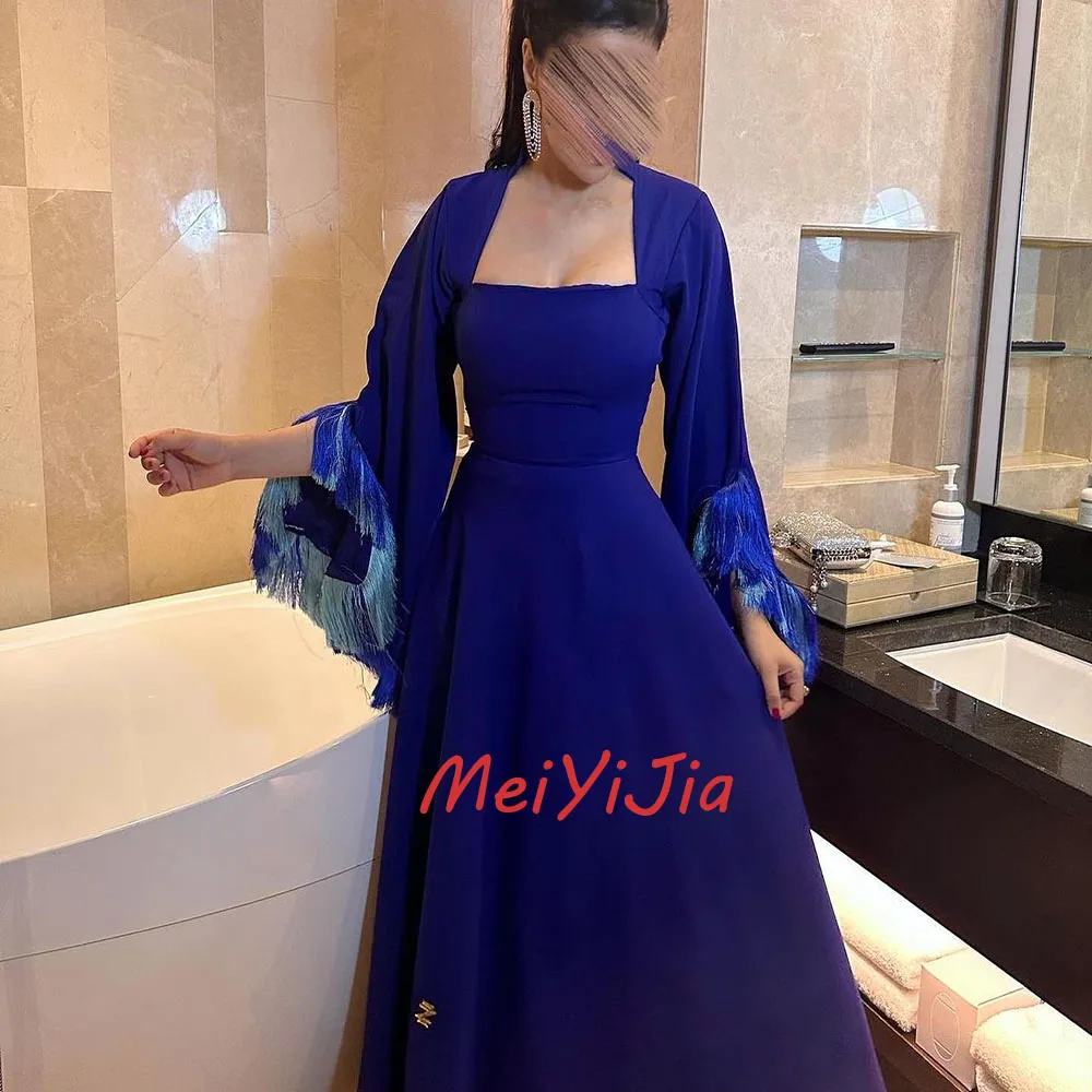 Meiyijia Avondjurk Saudi Lange Mouwen Elegante Vierkante Neckline Kwastje Arabia Sexy Avond Verjaardagsclub Outfits Zomer 2024