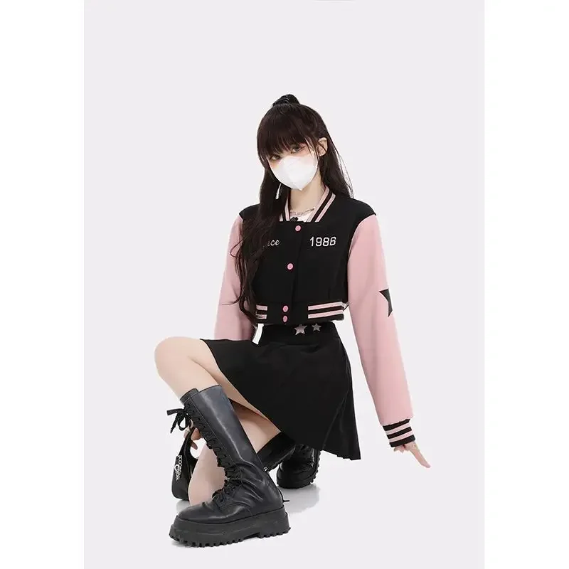 Hikigawa Chic Fashion Women Baseball Clothes Vintage Streetwear Stripe Contrast Color Short Coat+High Waist Mini Pleated Skirt