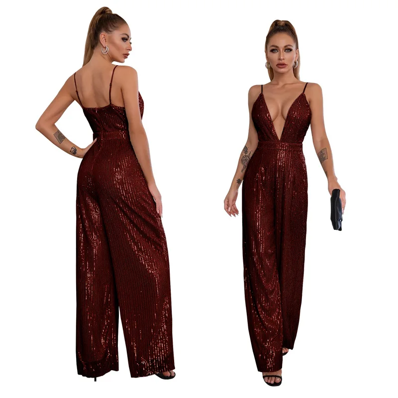 Sexy sequins one piece jumpsuit women spaghetti strap deep v neck club wear jumpsuits