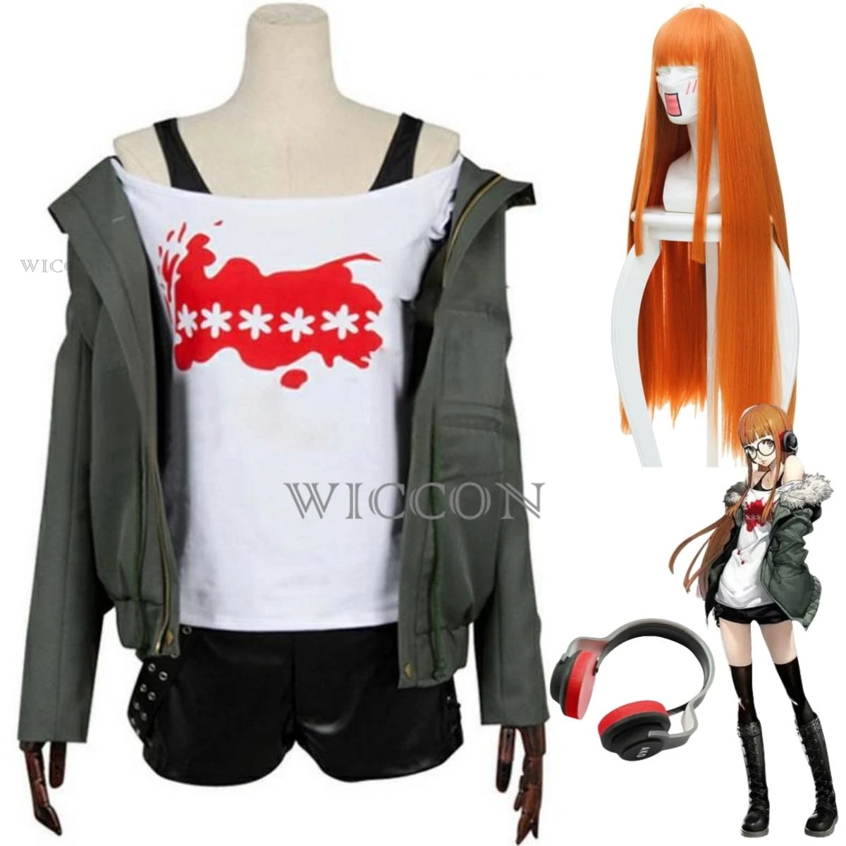 Disfraz de Cosplay de Futaba Sakura, Peluca, Conjunto Completo, Abrigo Informal, Chaqueta, Auriculares, Uniforme, Traje de Fiesta de Halloween para Mujer