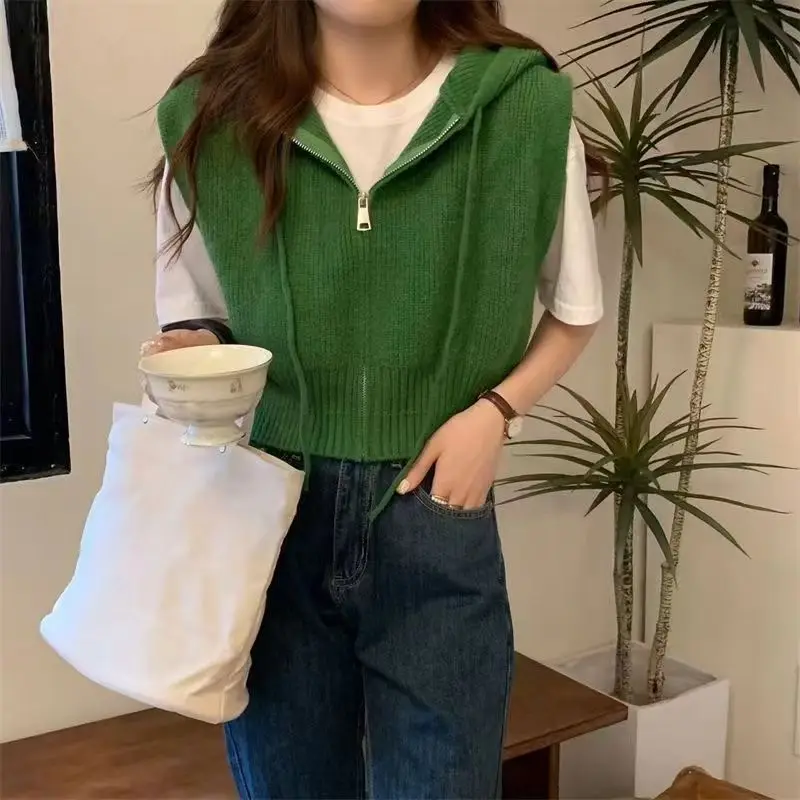 

Женские жилеты-свитеры с капюшоном, без рукавов, в корейском стиле, однотонные, повседневные, уютные, вязаные, комфортные, для весны и осени, модные, женские, в стиле Ins