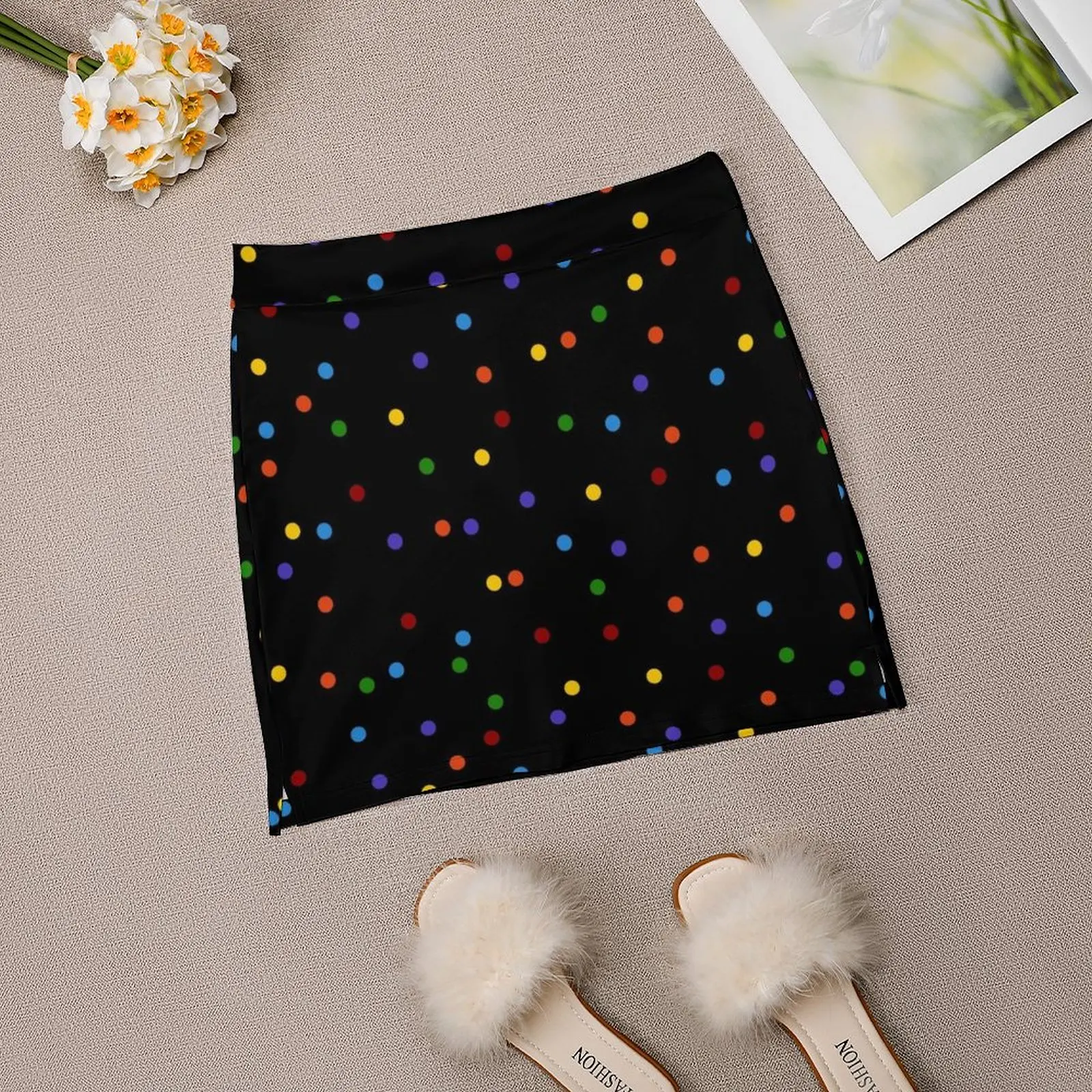 Rainbow Polka Dots บนพื้นหลังสีดํา กระโปรงมินิ กระโปรง กางเกง กระโปรงสําหรับผู้หญิง