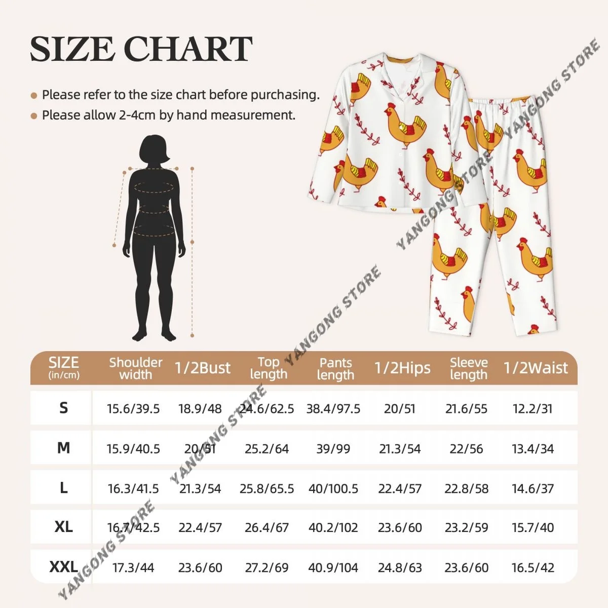 여성 잠옷 라운지웨어 치킨과 나뭇가지 배경 긴 소매 라펠 넥 셔츠와 신축성 있는 허리 바지 파자마 세트